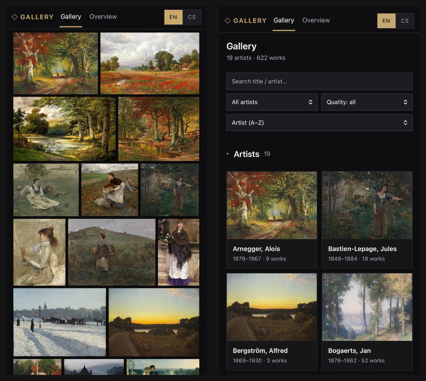 The gallery and the artist list on a phone
